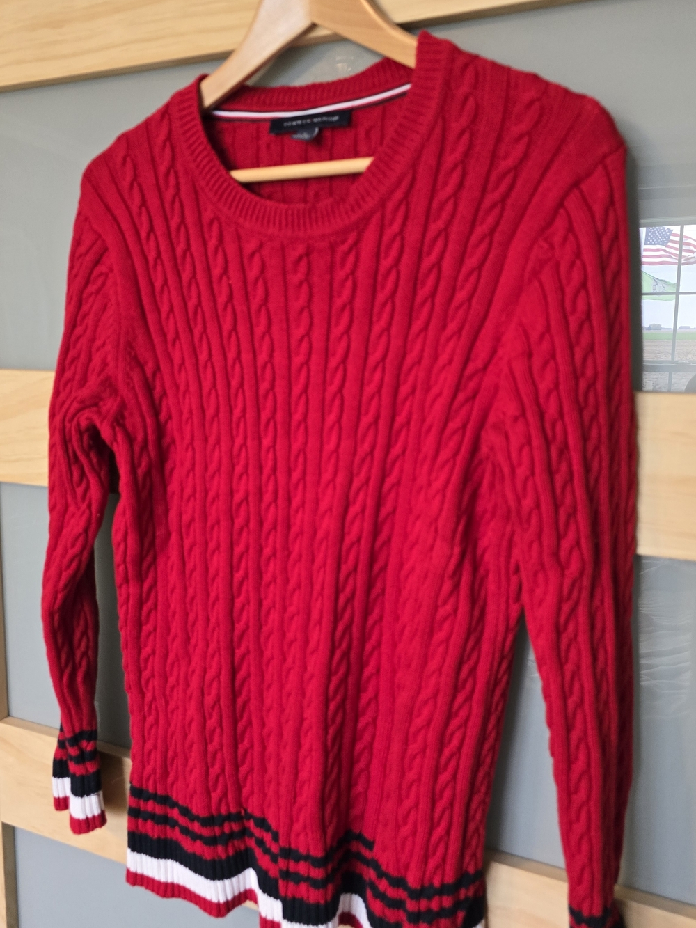 Tommy Hilfiger Red Cable Knit Sweater with Striped Hem